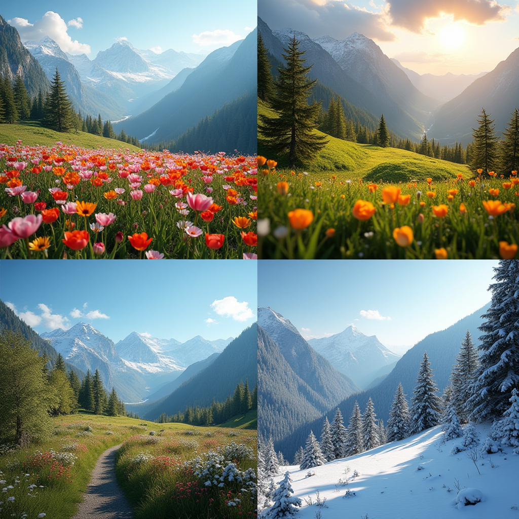 Колаж чотирьох сезонів у Карпатах: весняні квіти, літні полонини, осінні ліси та зимові засніжені схили