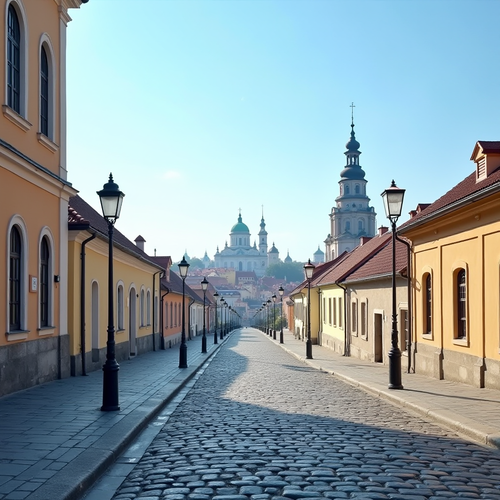 Панорамний вид на історичний центр Львова з бруківкою, барокові будівлі та церковні куполи на тлі блакитного неба