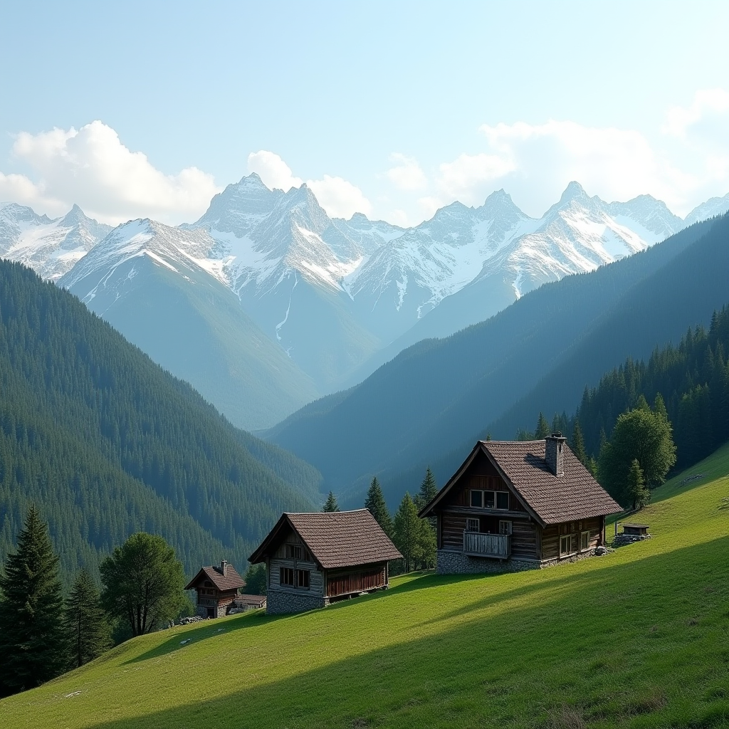 Панорамний вид на Карпатські гори з традиційними гуцульськими будинками на передньому плані, оточеними зеленими лісами та засніженими вершинами на горизонті