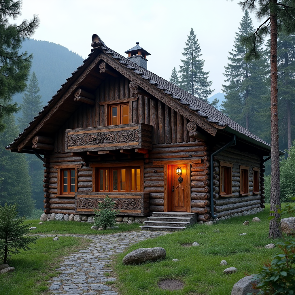 Traditional Hutsul-style wooden guesthouse nestled in the Ukrainian Carpathian mountains, surrounded by pine forests and mountain peaks, with authentic folk architecture featuring carved wooden details and a cozy mountain atmosphere
