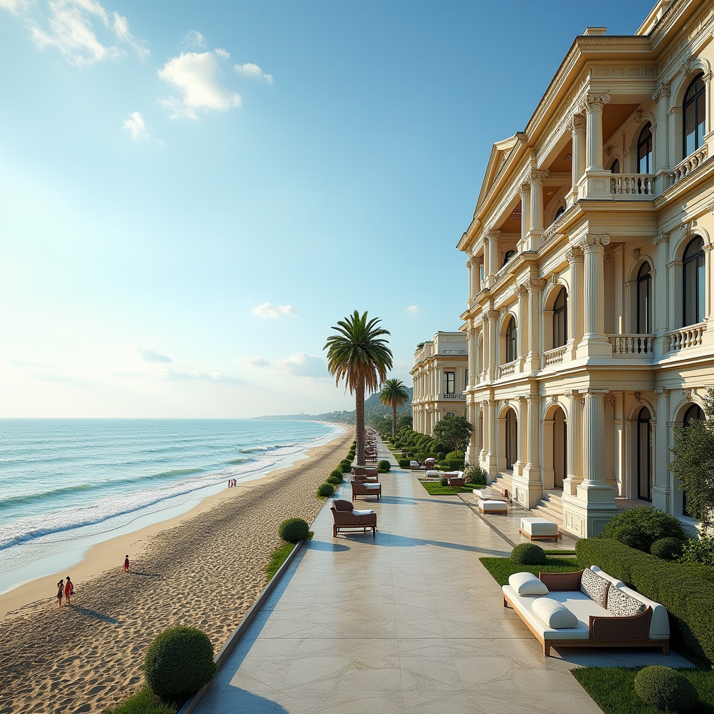 Elegant beachfront hotel on Odesa's Black Sea coast with grand historic architecture, featuring neoclassical columns, ornate balconies overlooking the azure sea, palm trees, and the golden sandy beach of Arcadia district