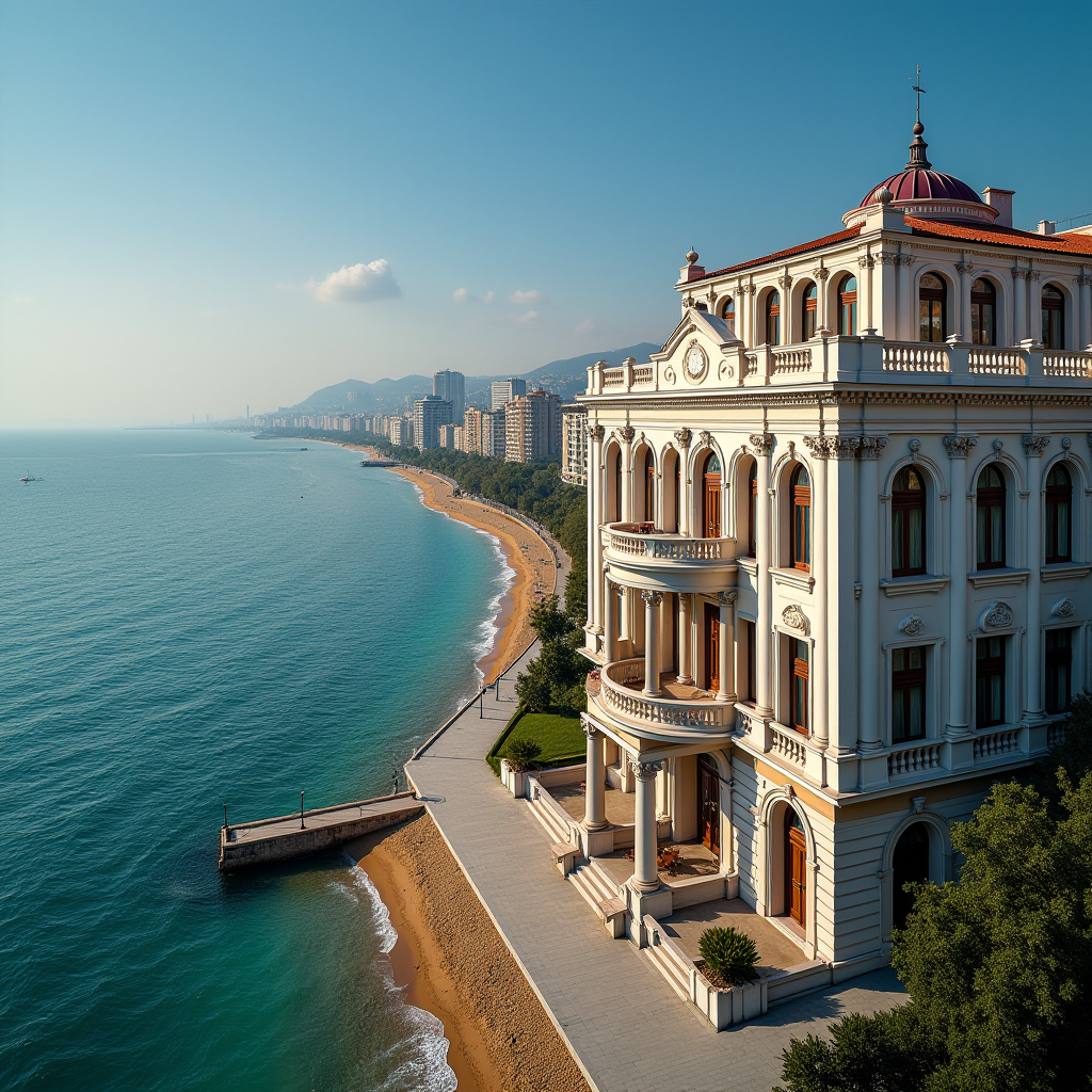 Elegant beachfront property in Odesa's Arcadia district overlooking the Black Sea, featuring grand historic architecture on Deribasivska Street with ornate balconies, classical columns, and modern amenities, with golden sandy beaches and turquoise waters in the background
