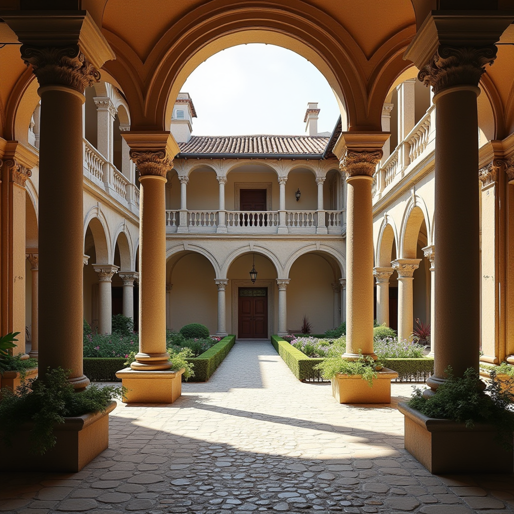 Внутрішній дворик ренесансної кам'яниці з аркадами, кам'яними колонами, квітами у вазонах та бруківкою