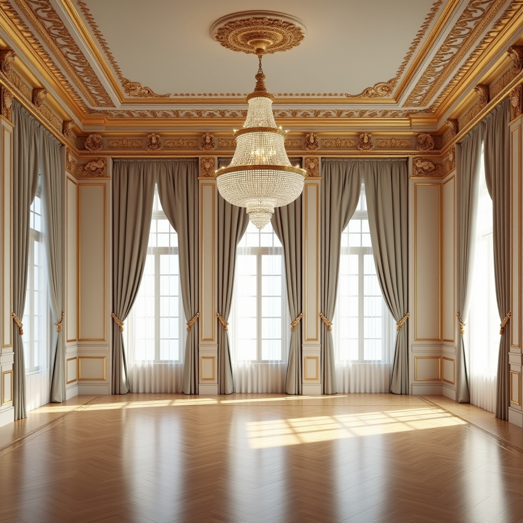 Бальна зала в бароковому стилі з позолоченою ліпниною, великою кришталевою люстрою, паркетом та високими вікнами з важкими шторами