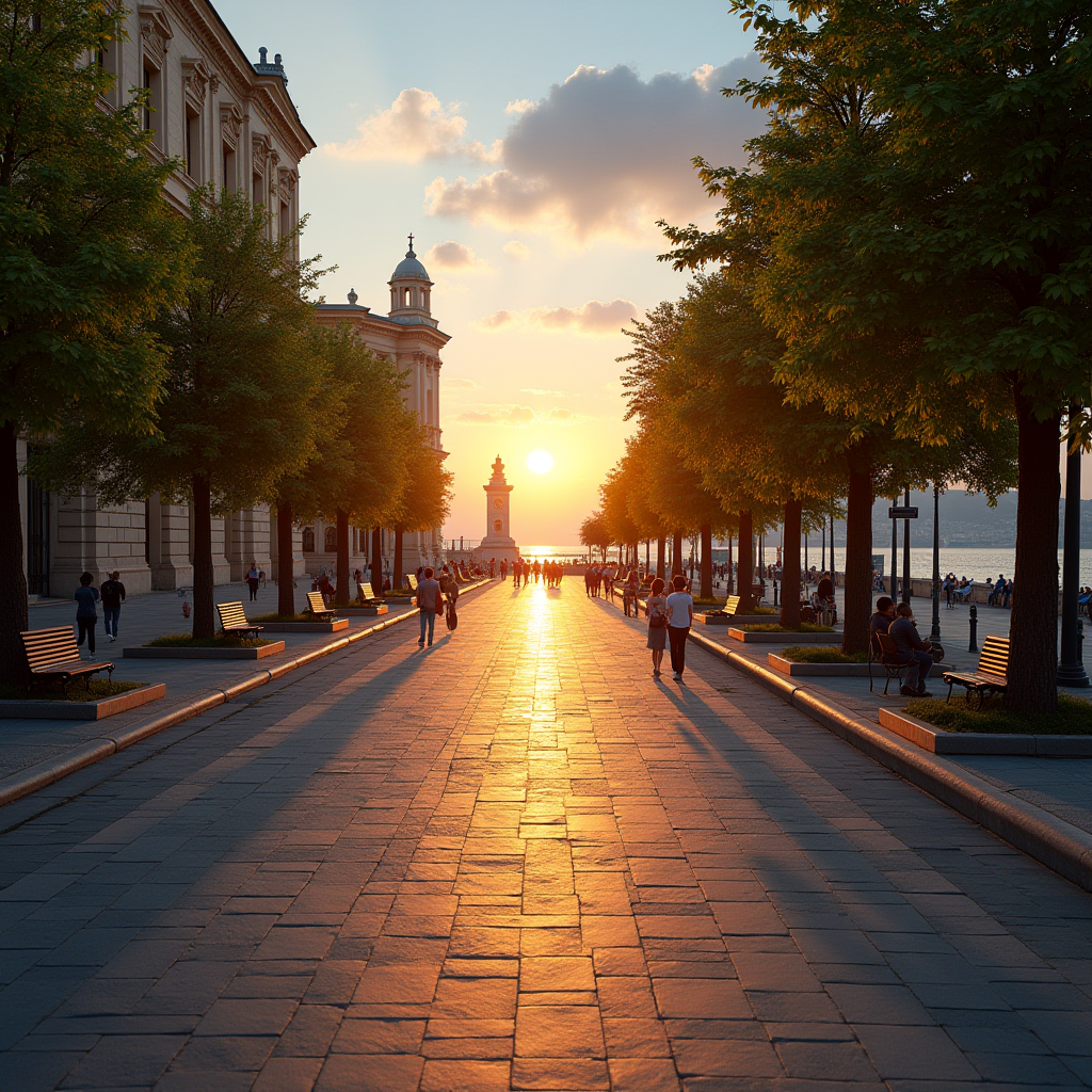 Приморський бульвар в Одесі з видом на Чорне море, алея з деревами, історичні будівлі вздовж бульвару, пам'ятники, лавки та туристи, що милуються морським пейзажем на заході сонця