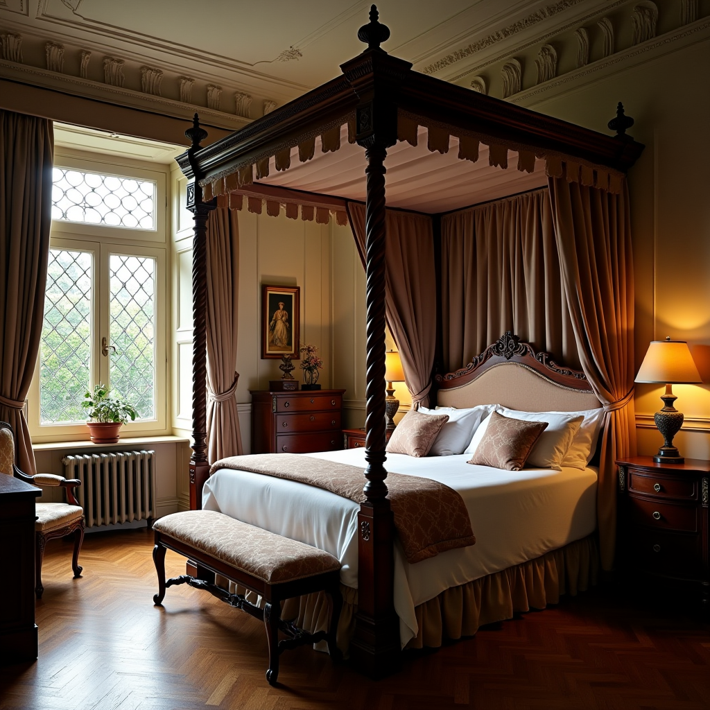 Номер бутік-готелю з антикварними меблями, високою ліжком з балдахіном, вітражним вікном та м'яким освітленням