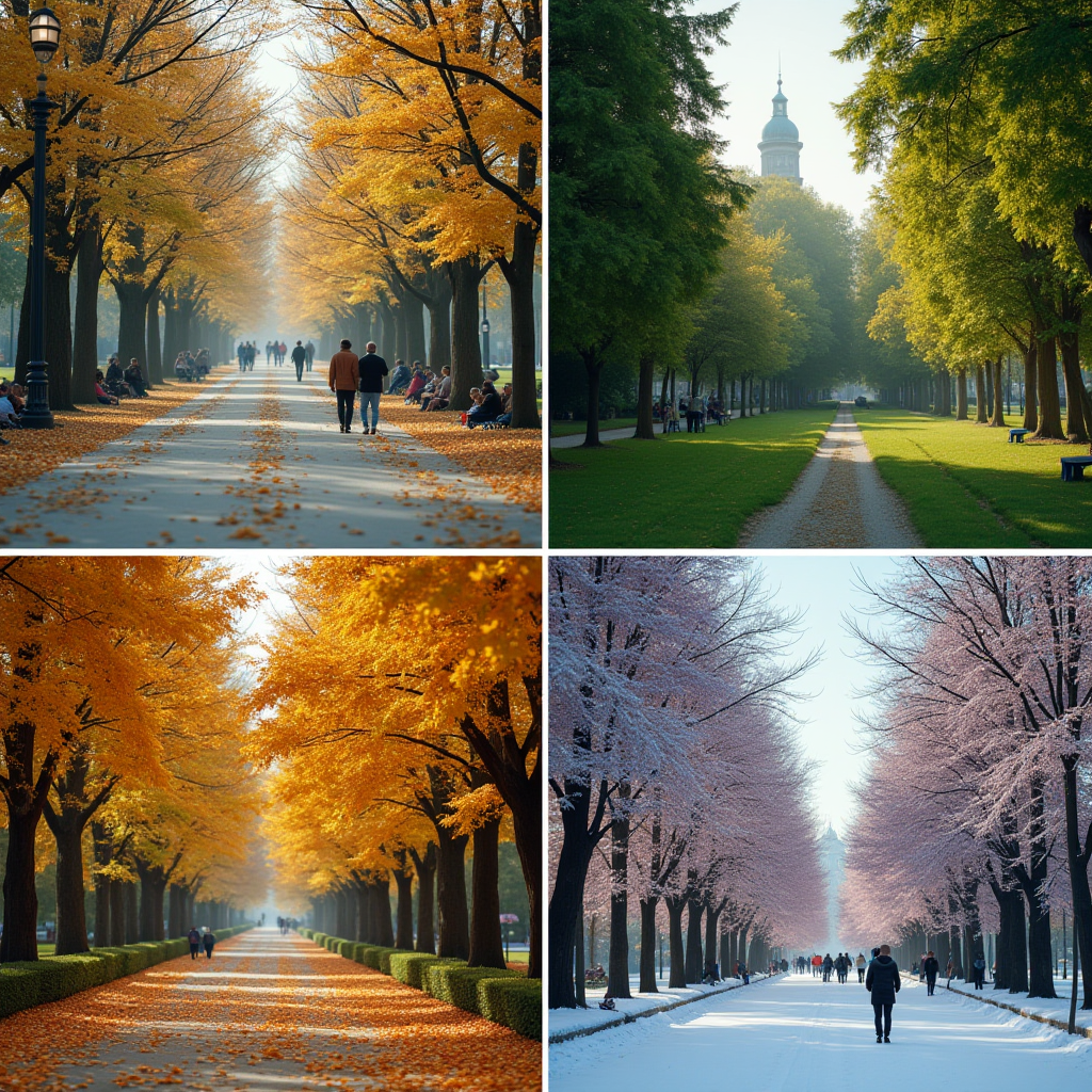 Колаж з чотирьох сезонів у Києві: весняні квітучі каштани на бульварах, літні зелені парки з людьми на пікніках, осіннє золоте листя в алеях, зимові засніжені вулиці з святковими прикрасами