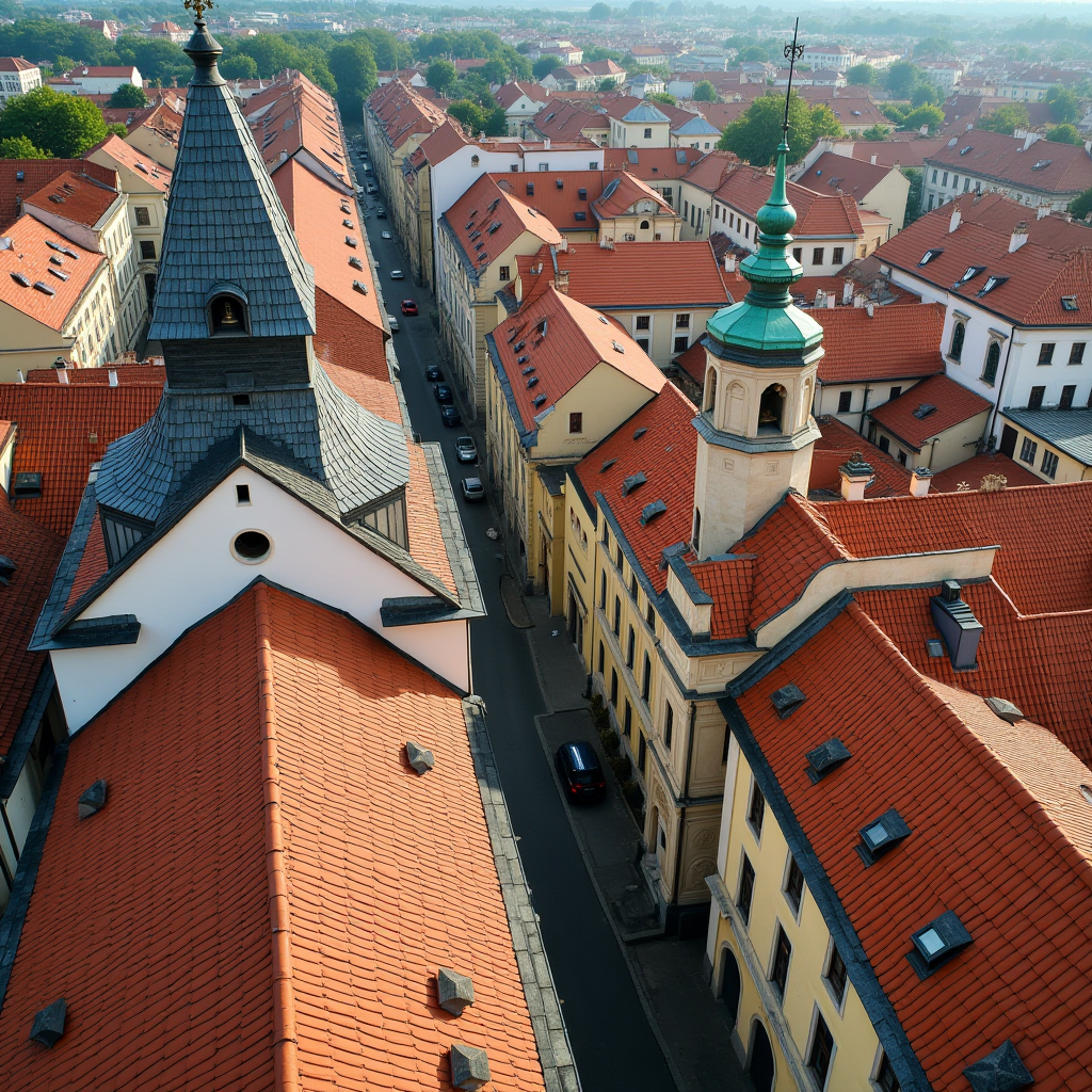 Вид на дахи старого Львова з висоти: черепичні покрівлі, церковні дзвіниці, вузькі вулички та зелені дворики