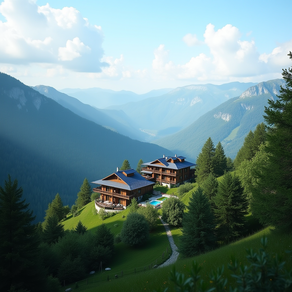 Панорамний вид на карпатські гори з оздоровчим комплексом на передньому плані, що символізує гармонію природи та сучасних wellness-технологій в Україні