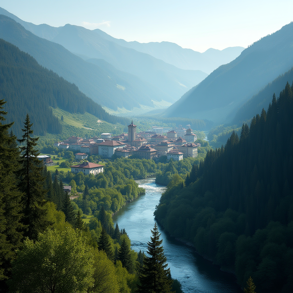 Місто Рахів у гірській долині з річкою Тиса, оточене високими Карпатськими вершинами та густими лісами