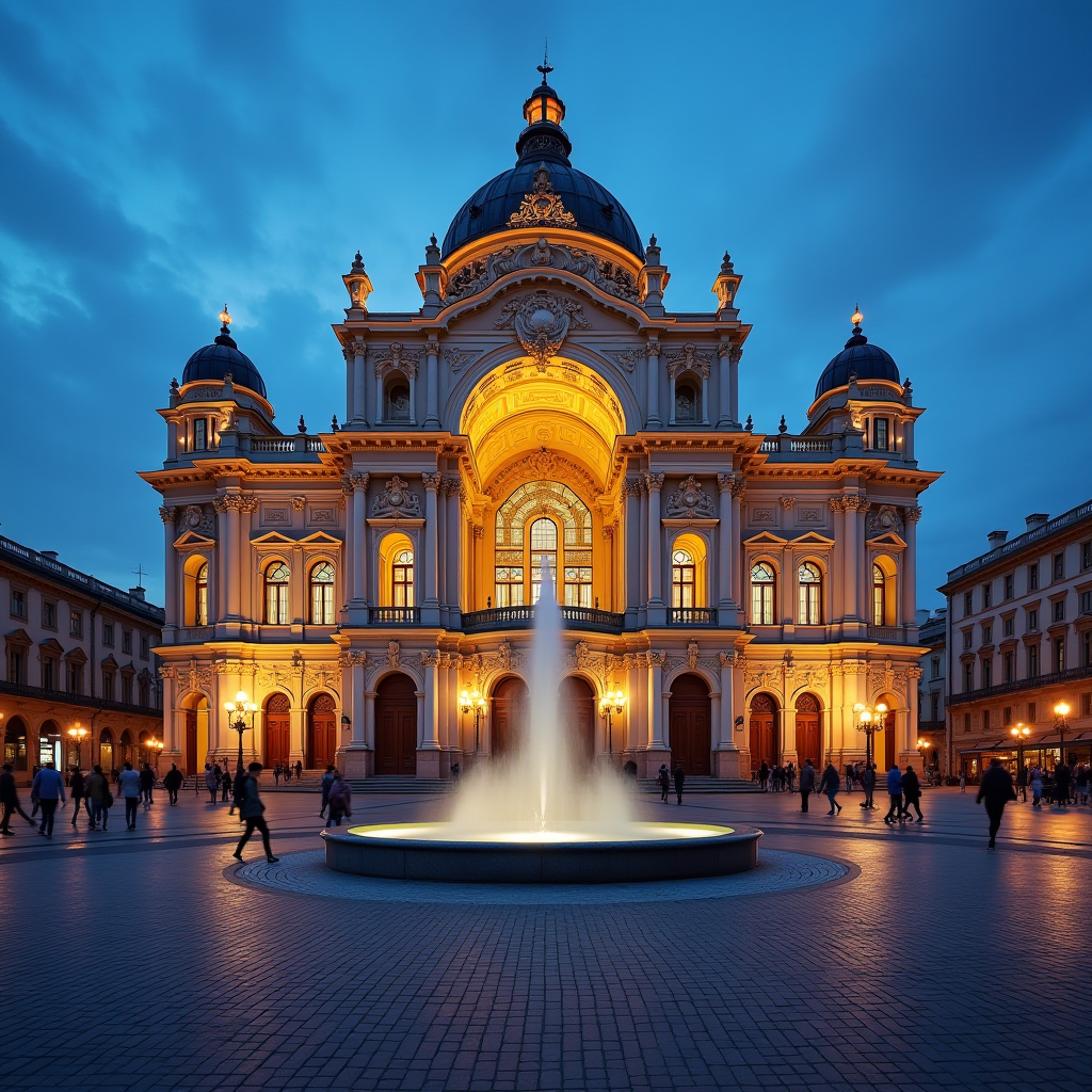 Одеський оперний театр ввечері, величний фасад в стилі віденського бароко, освітлений прожекторами, площа перед театром з фонтаном, туристи та відвідувачі вистав